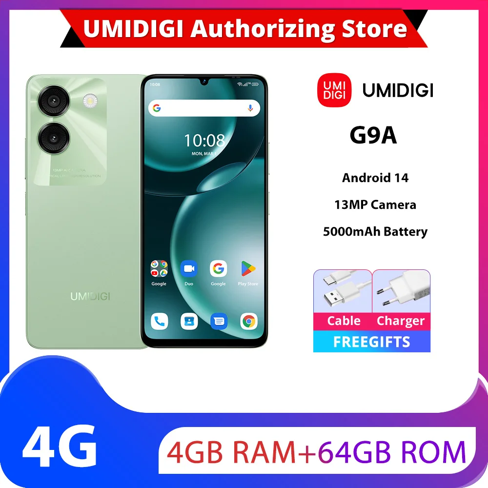 UMIDIGI G9A,4Гб + 64ГБ,Android 14,Octa-Core,5000 мАч,13 МП,6.75 ”Water Drop,60Hz,AI Face Unlock,4G Global Version