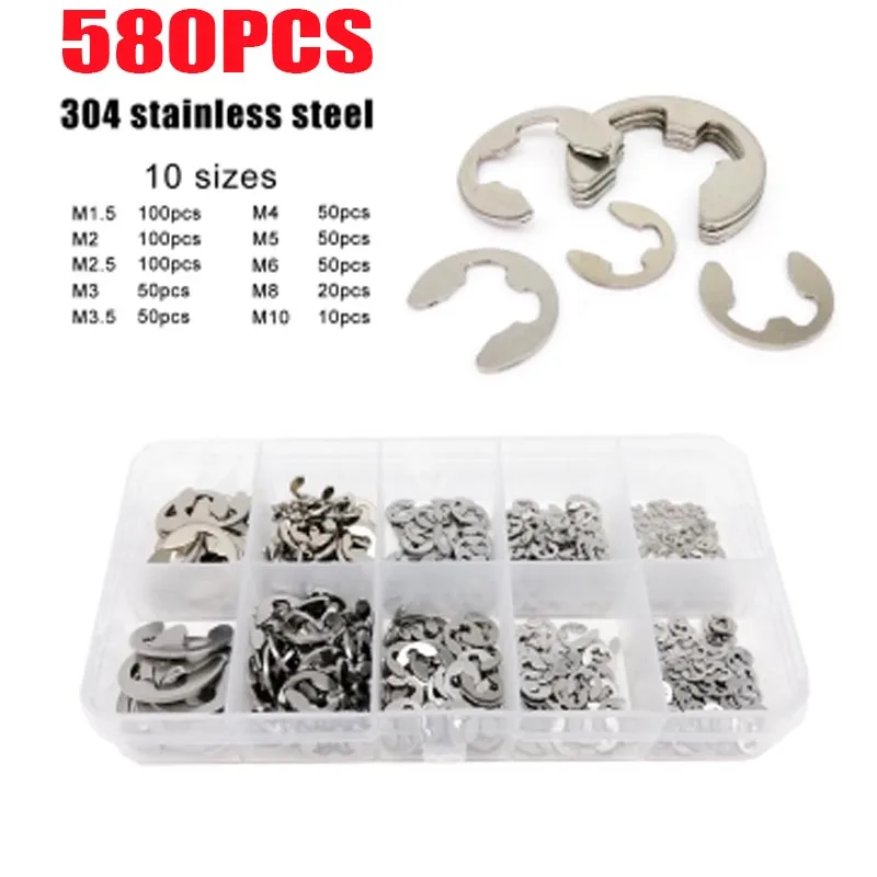 580/1000pcs Washer M1.2 to M15 304 Stainless Steel External Retaining Ring E Clip Snap Circlip Washer for Shaft Assortment Kit