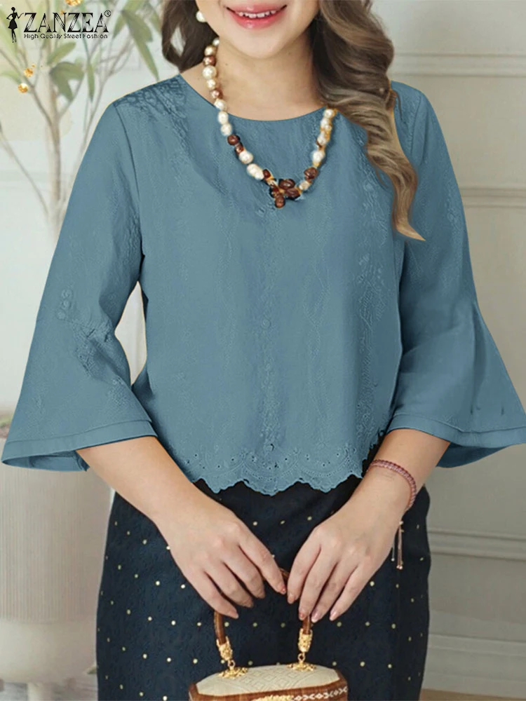 

ZANZEA 2025 Spring Commute Blusas Mujer Office Embroidered Floral Women O-Neck Woman Blouses Elegant 3/4 Flared Sleeve Smock Top