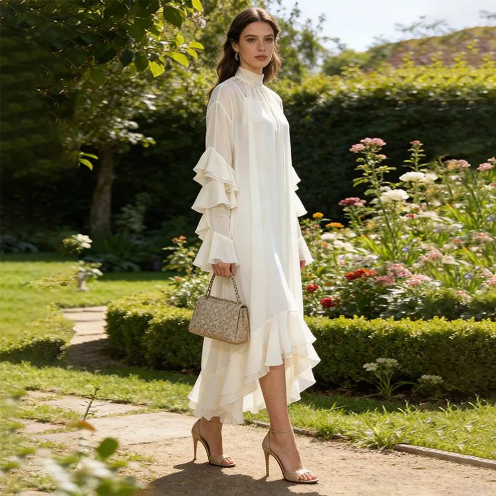 

Customized Modern Prom Dresses Beige Chiffon Ruffle Long Sleeves High Collar Tiered Asymmetrical Women's Formal Evening Gowns