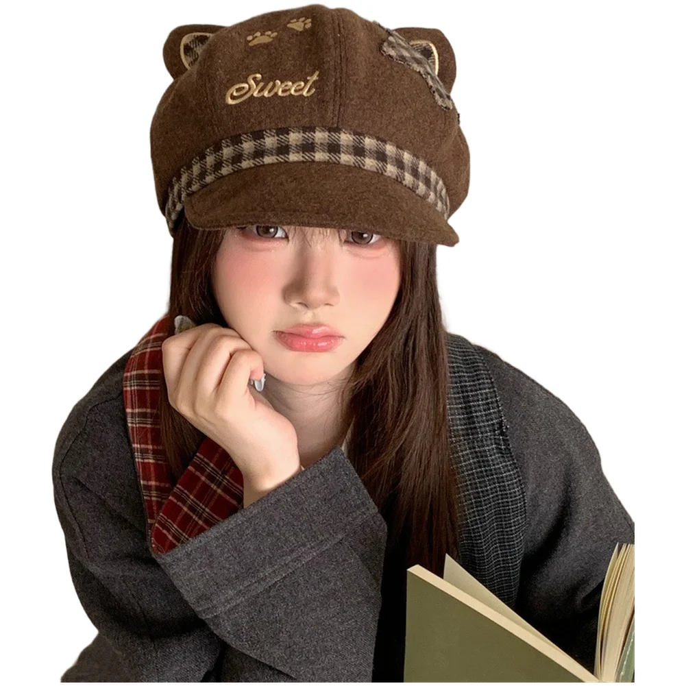 Women\'s Wool Blend Plaid Hat in Octagonal Shape with Cat Ear Detail Foldable Lightweight Warm Winter Accessory Wide Brim Design