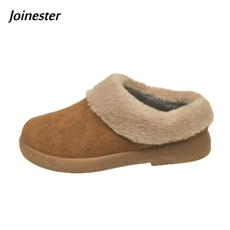 

Женские тапочки с круглым носком из искусственного меха, зимние теплые нескользящие короткие плюшевые замшевые сабо для женской обуви для отдыха