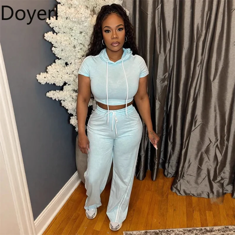 Doyerl Striped Casual Track Suits for Ladies Two Pieces Outfits Sports Fitness Hooded Crop Top and Sweatpants Jogging Femme