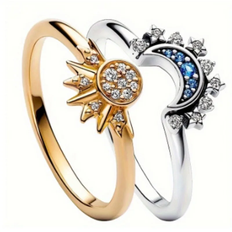 Women's Ring Copper Set Zircon Kit Green Moss Stone Design Sense Everything Trend Sun Moon Meeting Crown Ring Jewelry Couples