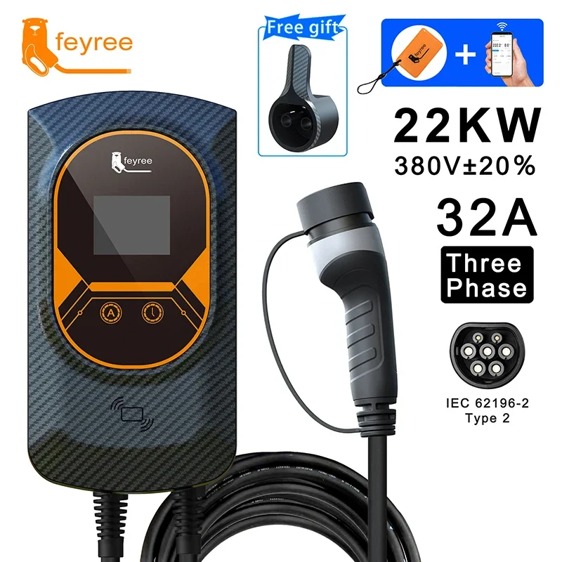 22KW 32A EVSE Wallbox Type2 Cable EV Car Charger Plug 3 Phase Charging Station for Electric Vehicle with Wifi APP Control RFID