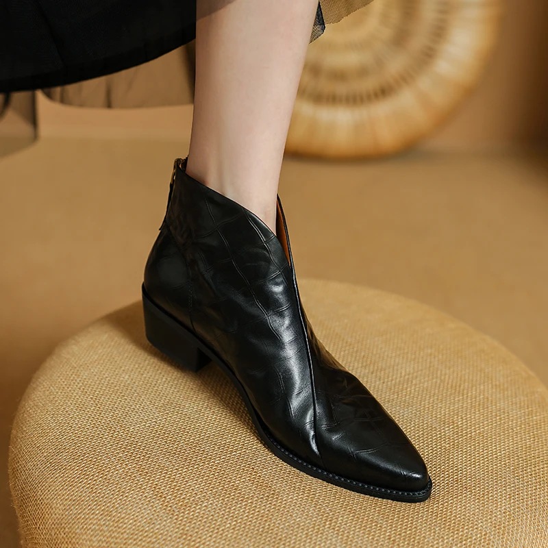 New Winter Women Boots Pointed Toe Chunky Heel Shoes Genuine Leather Shoes for Women Concise Zipper Ankle Boots Designer Boots