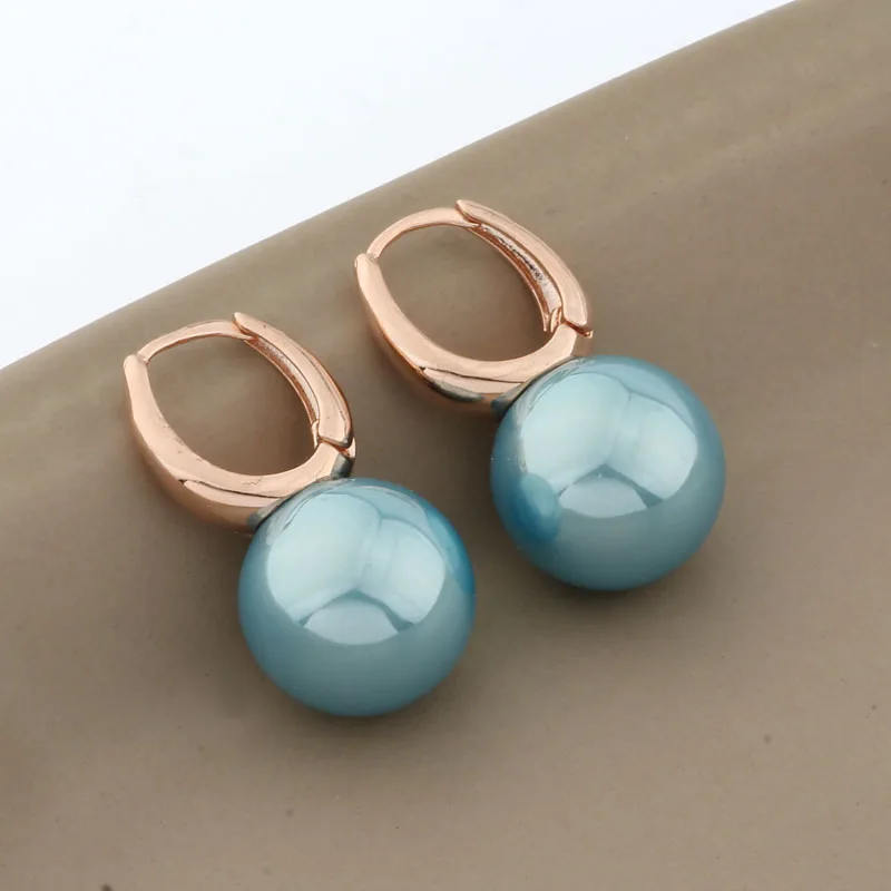 New Trend 14mm Round Pearl Earrings Unique 585 Rose Gold Color Simple Hanging Earrings For Women Wedding Fashion Jewelry 2022