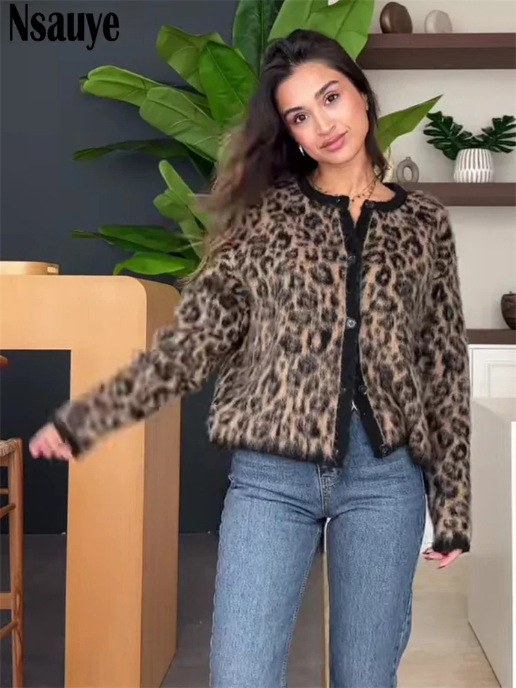 Nsauye Casual Y2K Women\'s Cardigans Sweater Sexy Club Fashion Knitted Long Sleeve Leopard Sweater Tops Knitwear 2024 Winter
