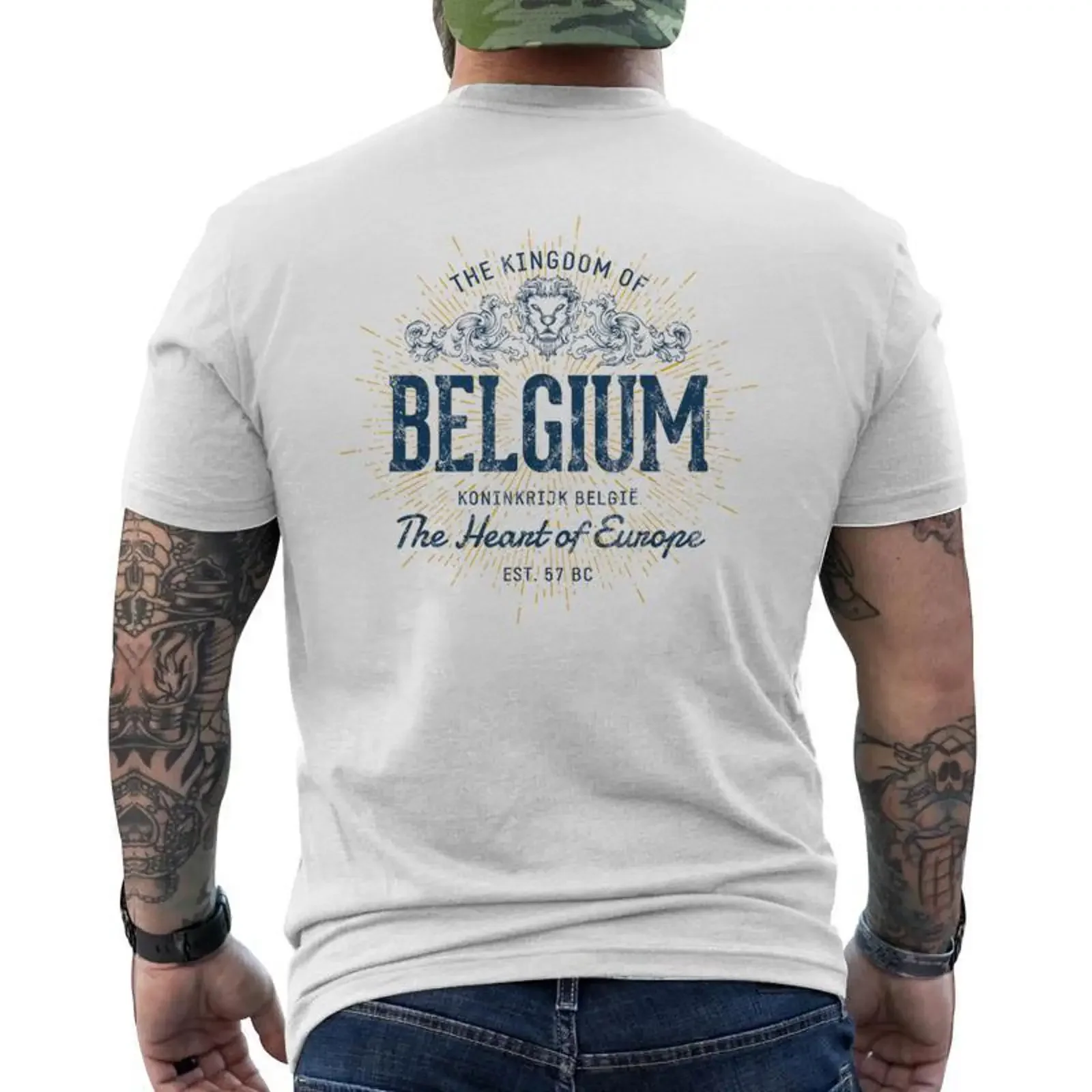 Vintage Belgique Retro T-Shirt mit Rückendruck Cadeauxyz Vintage Washed Top für den Alltag Streetwear Herren Casual Unisex