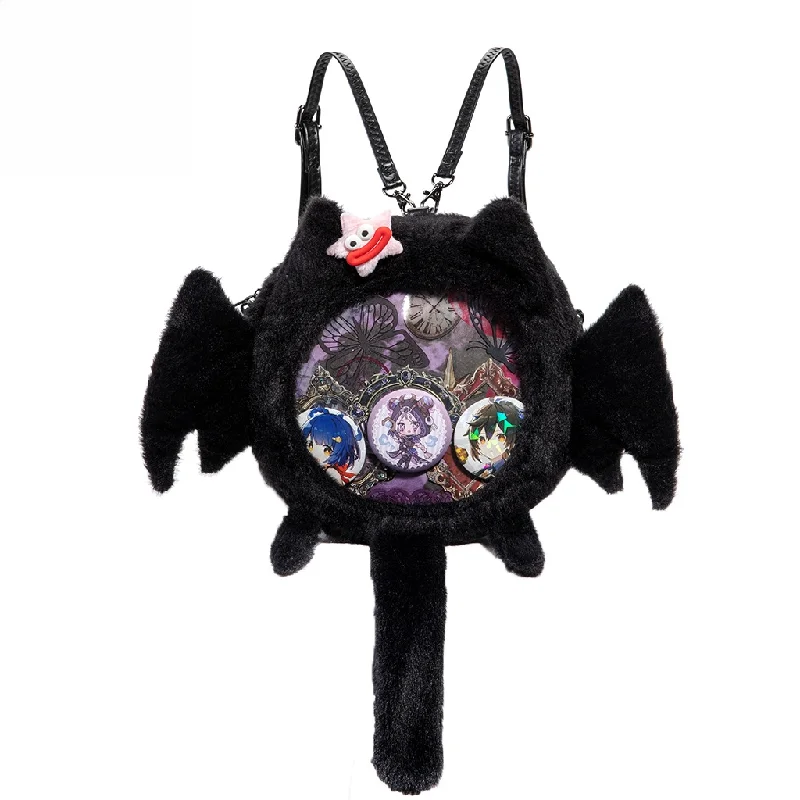 

Black Plush Bat Cat Ita Backpack, Fuzzy Clear Window Crossbody, Kawaii Gothic Shoulder Bag for Pins Display