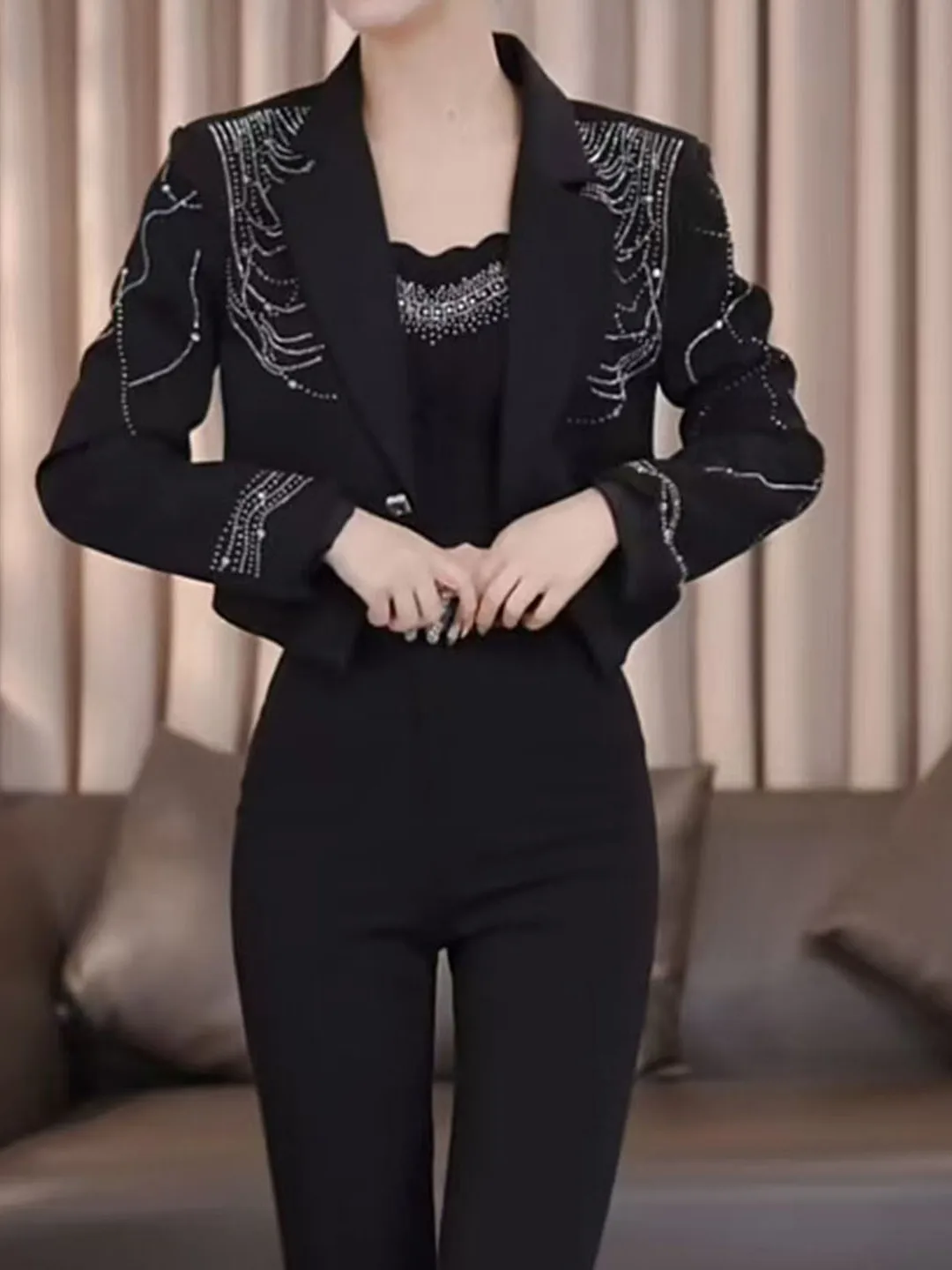 

Korean Sle Glittering ort Women's Suit Jaet Faionable Loose Fit Autumn New Arrival Versatile Sli Drill Embedded