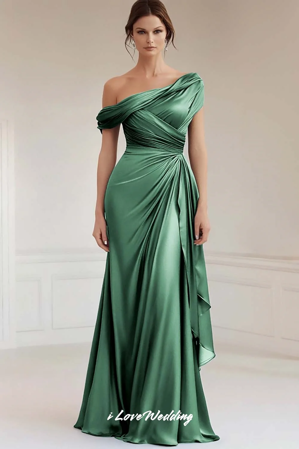 Green Off the Shoulder Evening Dresses 2025 Satin Pleated A-Line Dresses For Special Occasions Wedding Guest Dresses Customized image 3