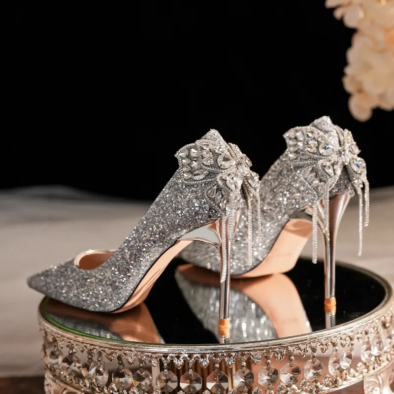 

9cm Women's Pumps and Heels Luxury Sequined Bow Tassel Rhinestone Banquet Wedding Shoes for Women Fashion Thin Heel Womens Shoes
