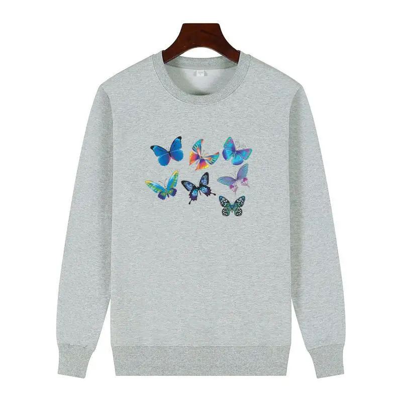 Flying Butterflies Harajuku Graphic Sweatshirts Winter Cotton Thick Sweater Hoodie Round Neck And Velvet Hoodie Men's Sportswear