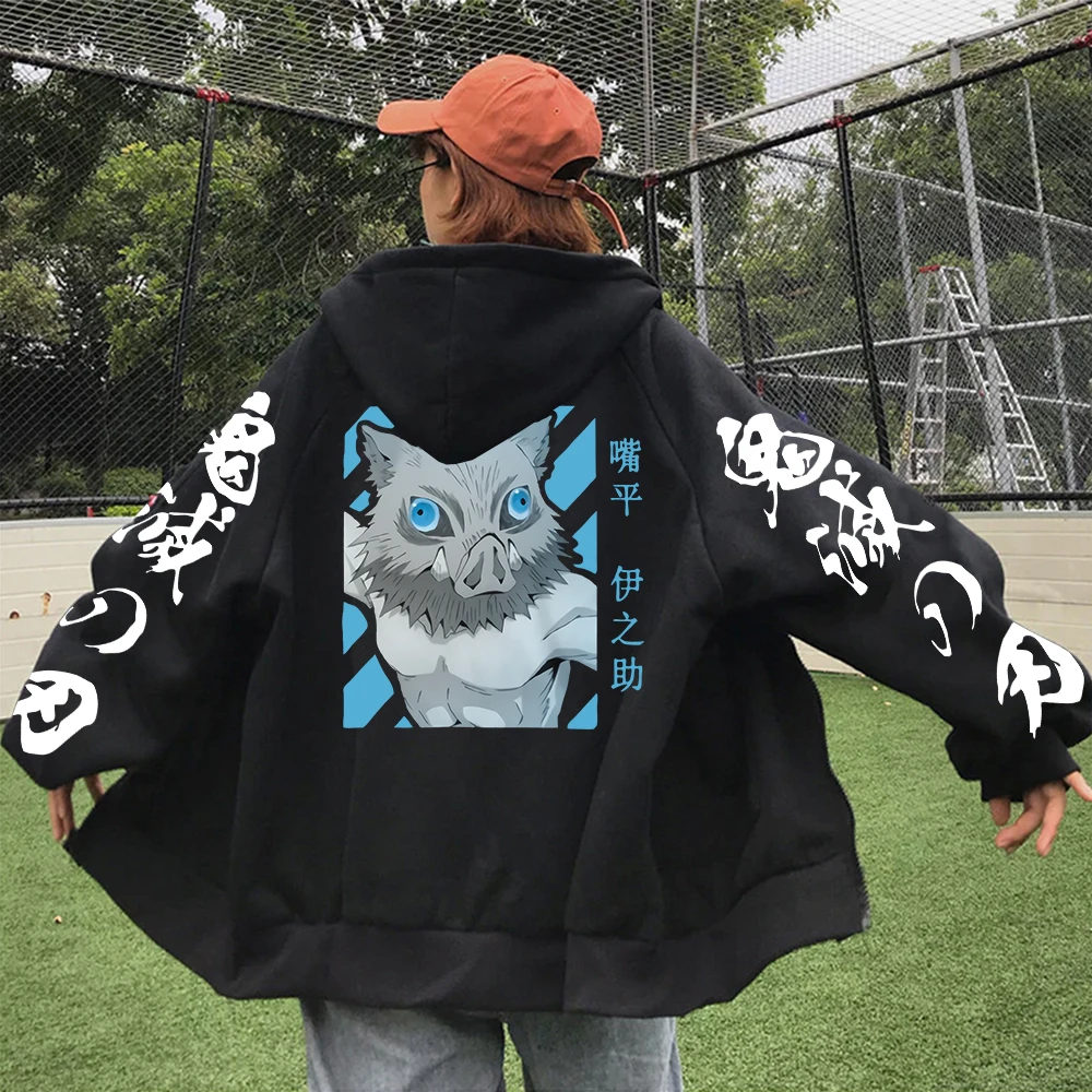 Demon Slayer Anime Harajuku Zipper Hoodies Cool Breath Of The Beast Inosuke Hashibira Cartoon Casual Winter Long jacket coats