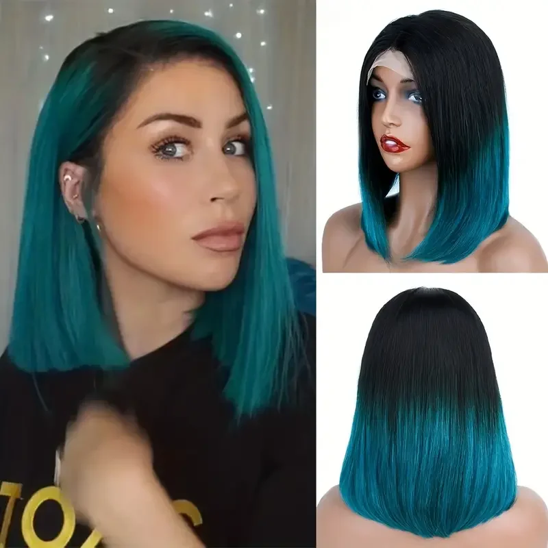 

Dark Green Omber Straight Bob Wig T1B/GREEN Straight Human Hair Wig 4x4 Lace Glueless and Wear for Women