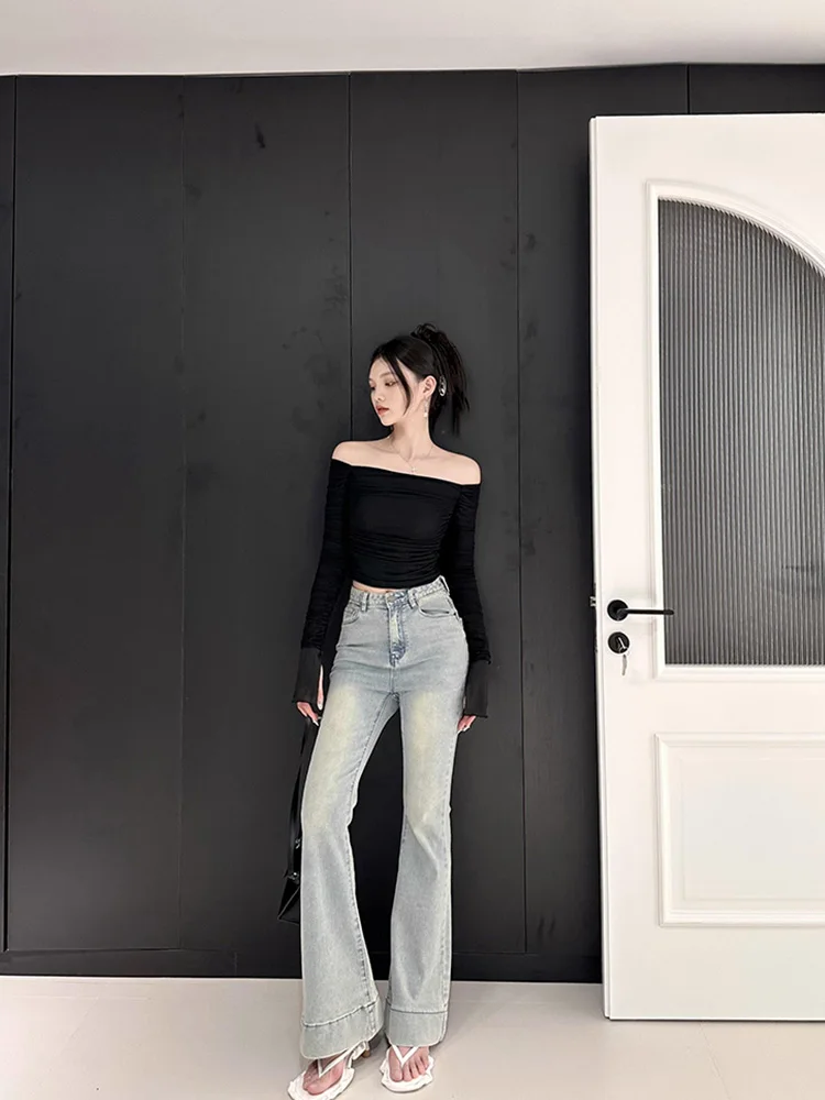 Women's Ruched Off-Shoulder Mesh Patchwork Long Sleeve Crop T-Shirt Bodycon Sexy Elegant Streetwear for Spring Summer 2026