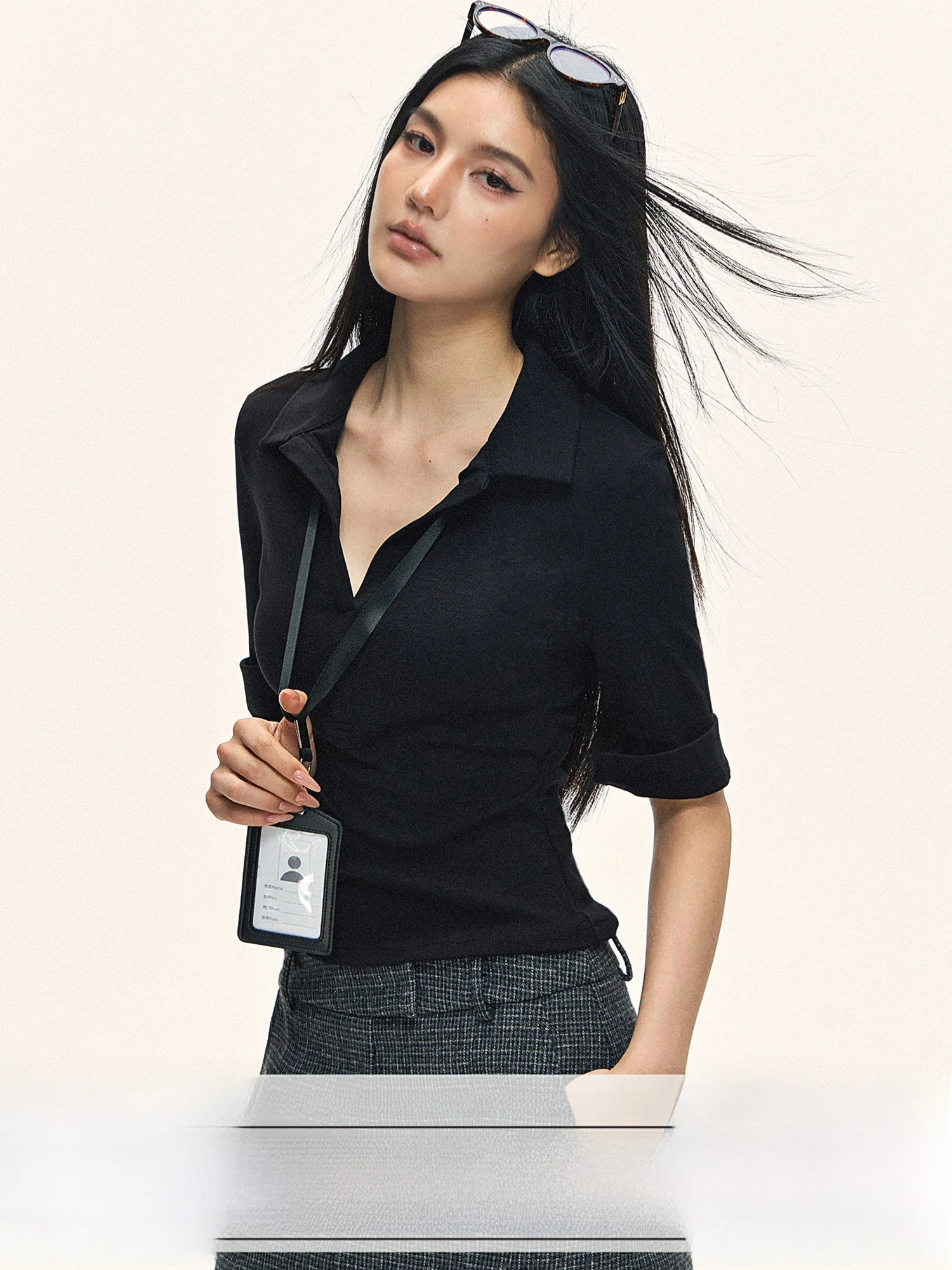 

101PASSION Black Neck mid Sleeve Slim Fit Commute Versatile Women's Top Korean Style Straight Body Shape Design
