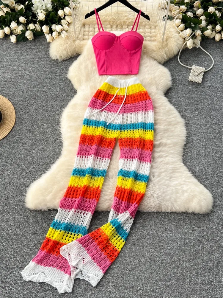 Women Summer Sexy Sleeveless Short Strap Tops Hollow Out Knitted Colorful Stripes Long Flare Pants Boho Beach Two Piece Suits