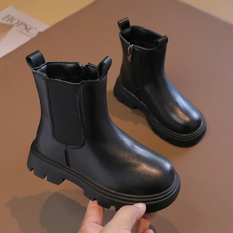 Girls Black Boots Thick Bottom Spring Autumn Kids Catwalk Leather Boots Fashion Versatile Non-slip Children Causal Ankle Boots