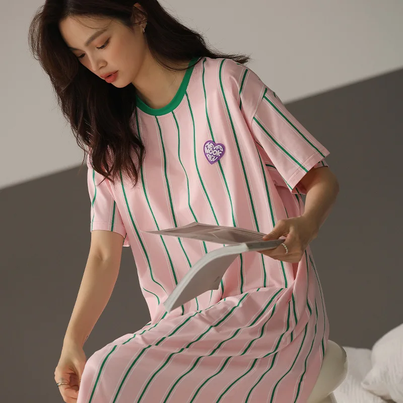 Pajama Dress For Women In Summer Short Sleeved New Style With Chest Pad, Minimalist Stripes Can Be Worn Outside Pajamas, Loose F