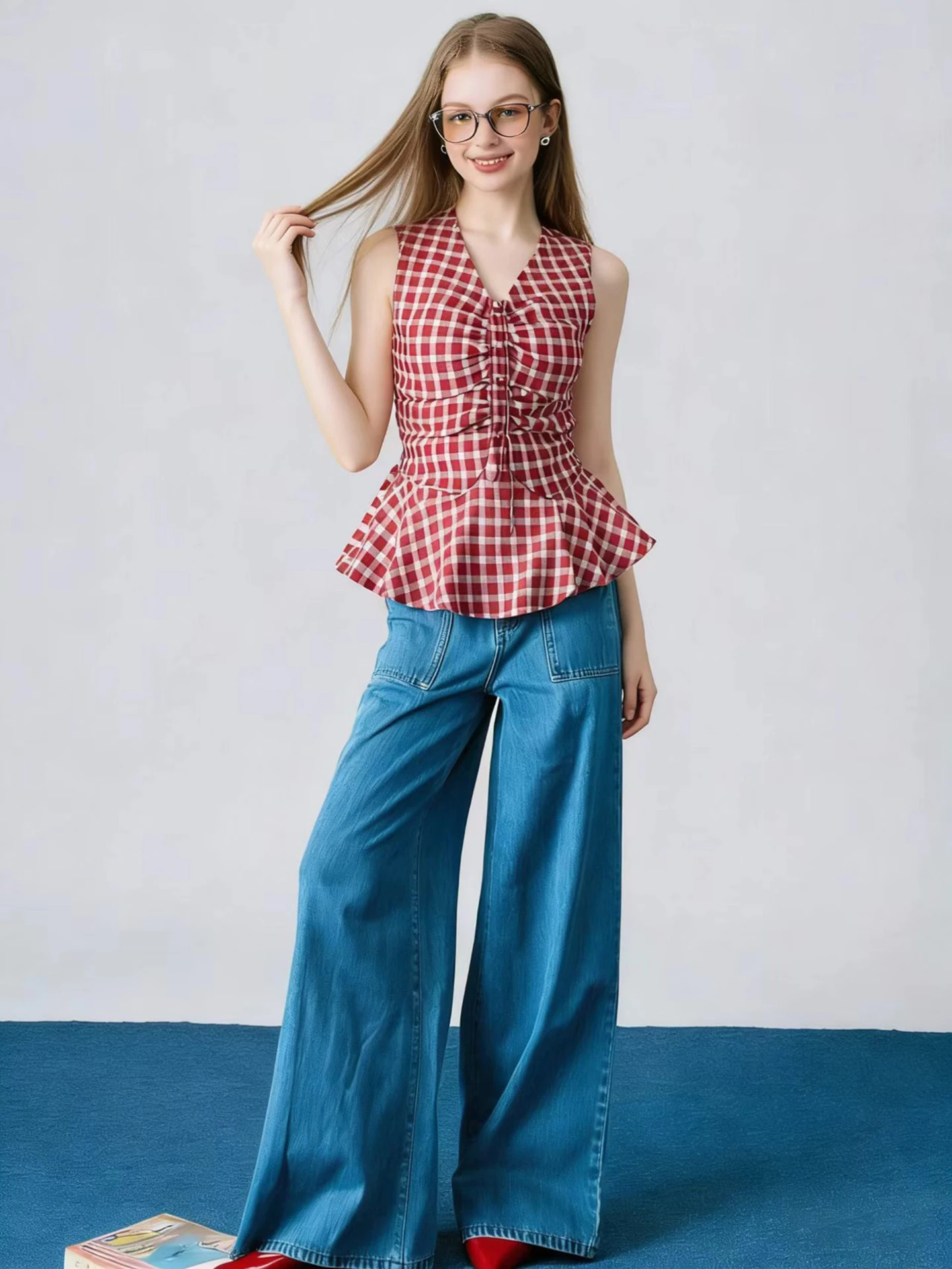 

HUAAPPUW Retro Red Plaid V-neck Sleeveless Shirt Women's Slimming Vest Korean Style Breathable Cotton Polyester Blend