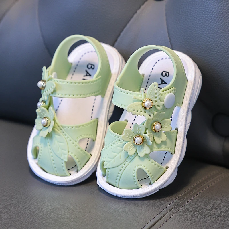 New Summer Aged 0-3 Cute Flower Pearls Baby Shoes For Girls Non-Slip Soft-Soled Children Toddler Kids Sandals With Covered Toes