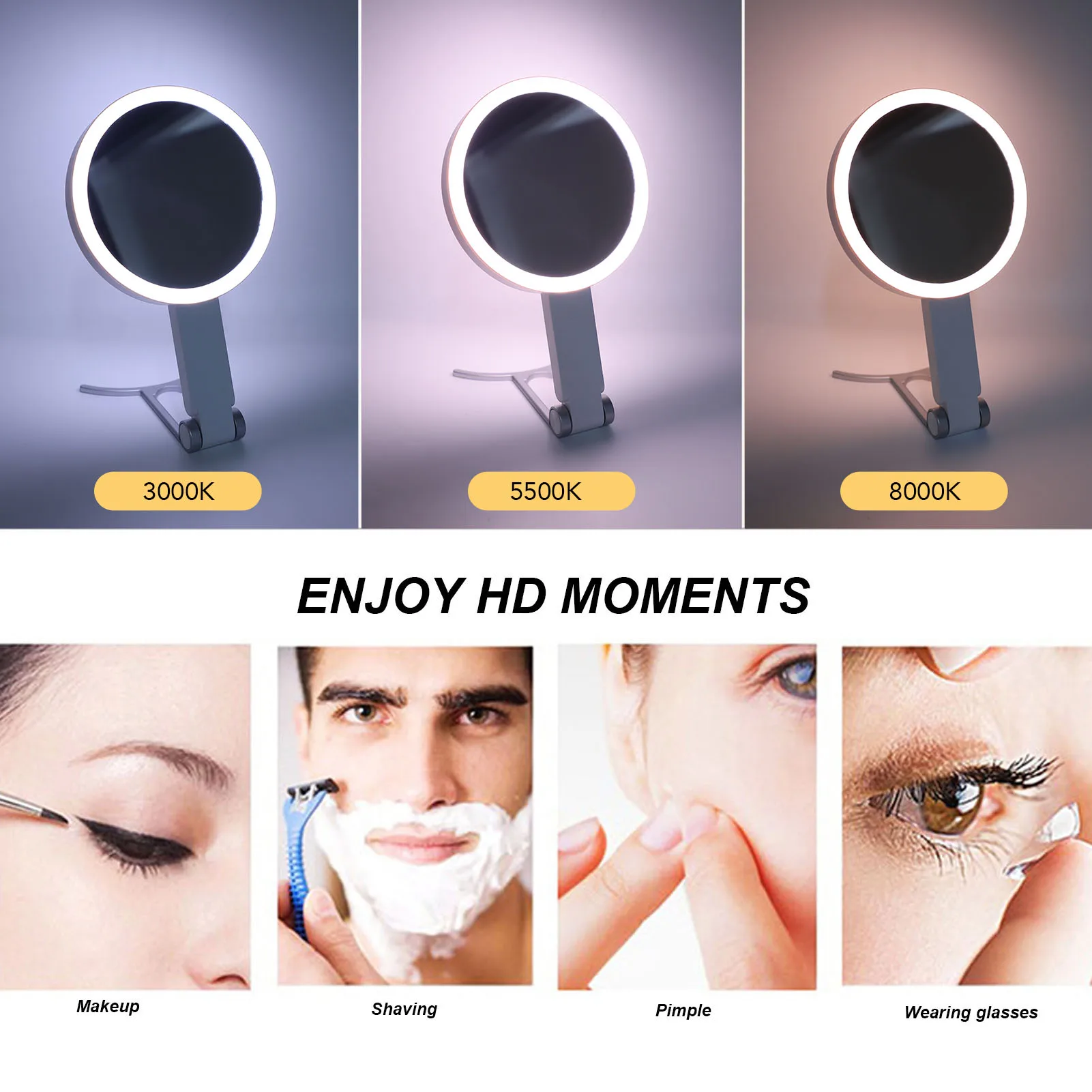 Lighted Makeup Mirror 1X/5X Magnifying Mirror Portable Foldable Makeup Mirror with Light and Magnification White C Shape Handle