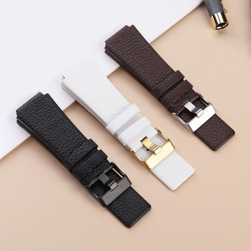 High Quality Soft Calfskin Strap Mens Chain For Diesel DZ1089 DZ1123 DZ1132 Substitute Convex Strap30*22mm 30mm*20 28*20mm Black
