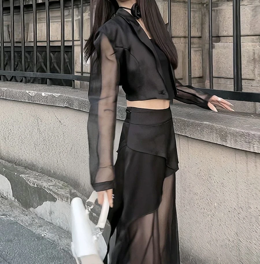 中空ウエストストラップデザインショートジャケット感2025夏スーツレディース薄手メッシュスプライシングパンツ2点セット