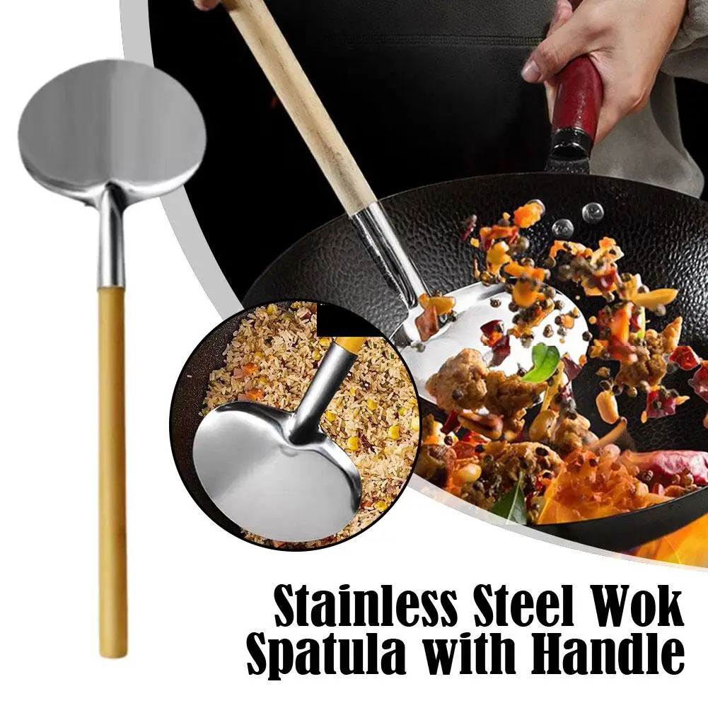 Country Home Wood Handle Stainless Steel Round Mouth Original Spatula Non-Stick Tujia Wooden Group Ethnic Handle Wok E0X4