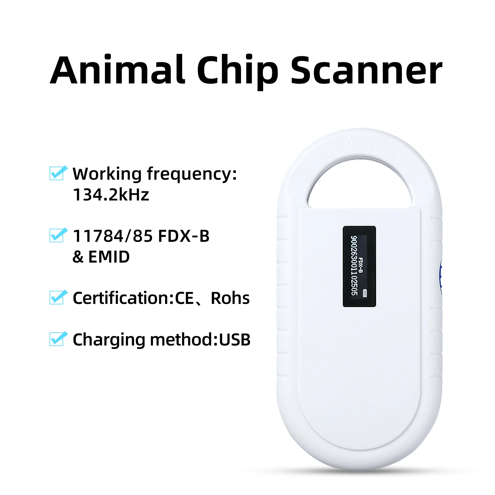 134.2KHz Animal RFID Reader 125kHz Pet ID Reader Cat Dog Microchip Scanner FDX-B Glass Chip Tag Reader