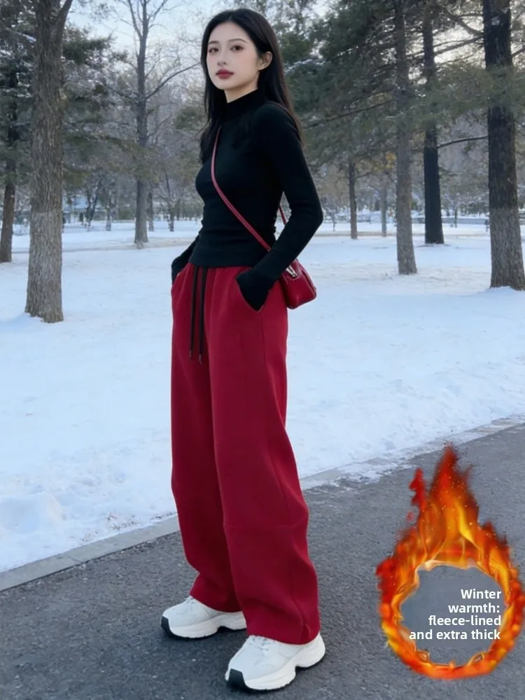 Korean Style Wide Leg Straight Cut Casual Pants Women's Spring Autumn Red Sweatpants Loose Sports Leisure Trousers