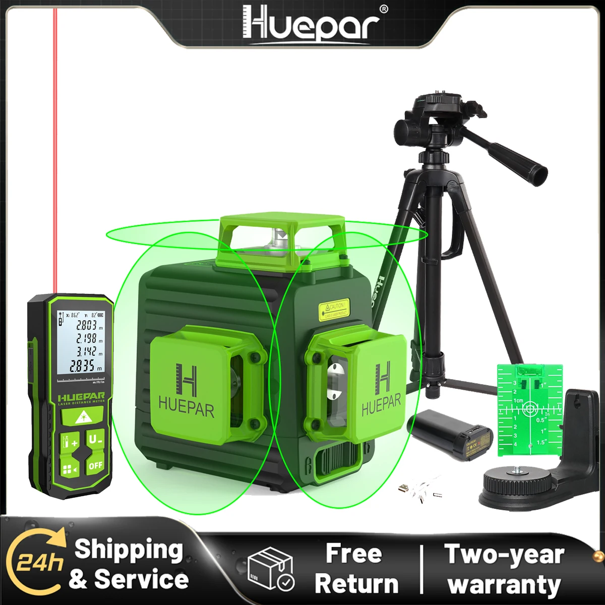 Huepar 12 linhas de nível laser 3d com tripé 1.2 e telêmetro laser feixe verde auto-nivelamento linha cruzada conjunto de ferramentas de nível laser