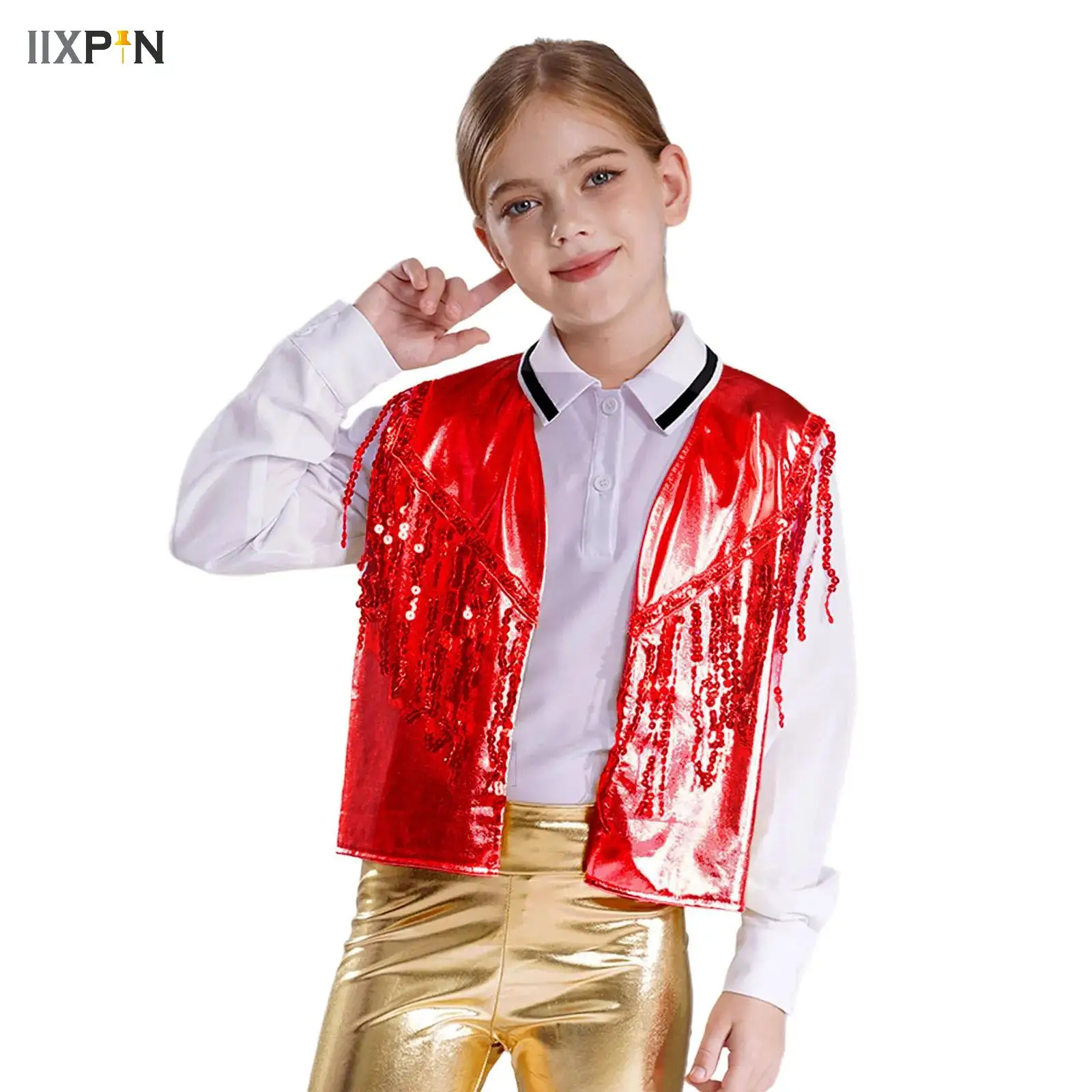 

Kids Girls Sparkling Sequin Tassel Waistcoat Metallic Vest Open Front Jacket Jazz Hip Hop Latin Modern Stage Performance Costume