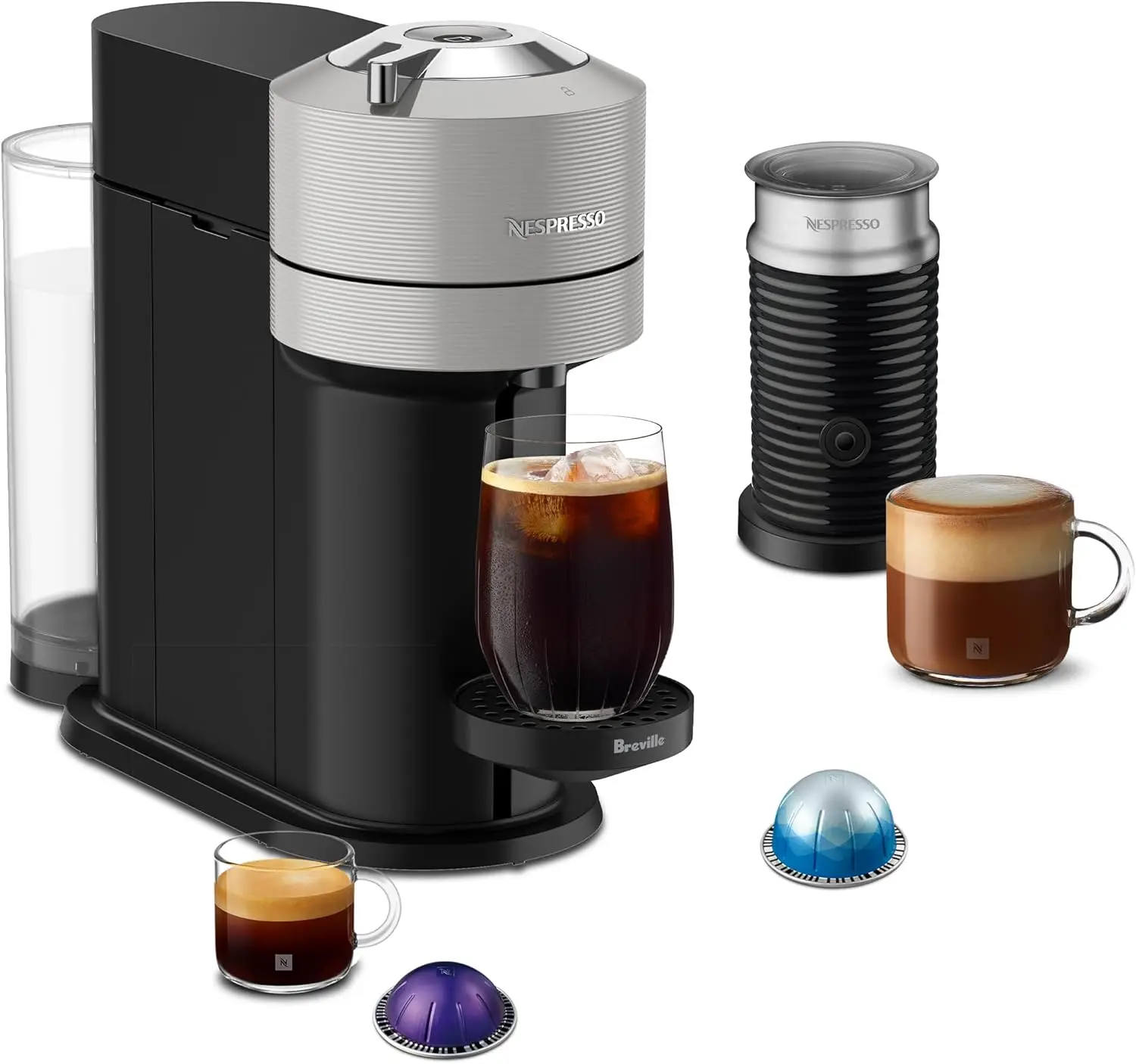 Automatic Coffee & Espresso Machine with Milk Frother, Brews 4 Cup Sizes, Includes Starter Capsules