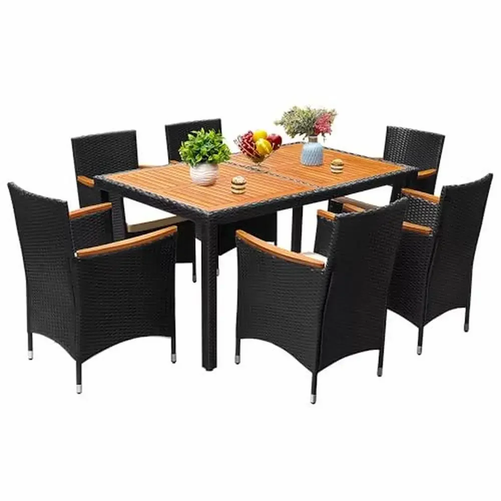 Outdoor Acacia Wood Table and Chairs Set with Soft Cushions Patio Dining Furniture Garden Deck 7 Piece Wicker Set Large Table &