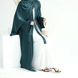 Luxury Dubai Abaya Diamond Party Women Muslim Kimono Coat Solid Color Beaded Caftan Long Sleeve Belted Dress Islam Clothing