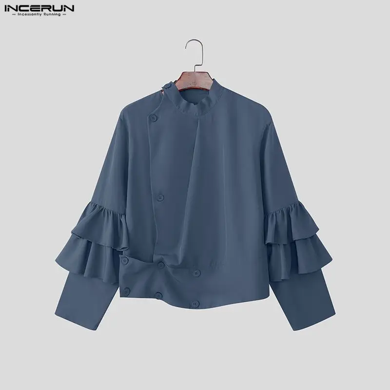 INCERUN Kemeja Pria Kerah Berdiri Polos Ruffle Pakaian Pria Kancing Lengan Panjang Kemeja Pria Kasual Fashion Jalanan Longgar S-5XL