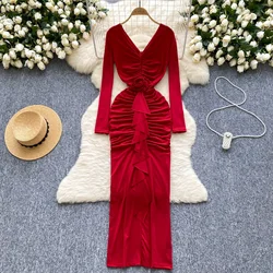 Halter Bodycon con scollo a v fold Dress Sexy ritratta i tuoi abiti in vita elegante Evening Party Women Fashion Vintage Vestidos