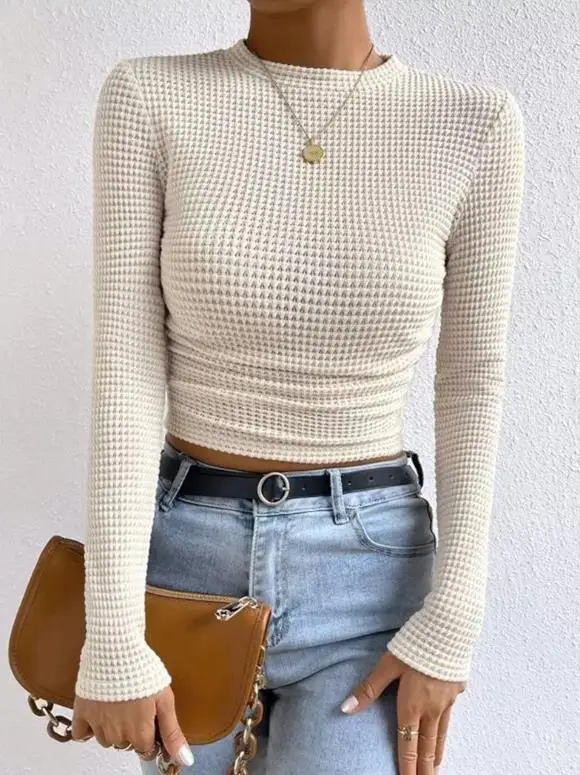 

2025 трикотажная рубашка, сексуальная утягивающая футболка с длинным рукавом, универсальный повседневный топ, футболка с круглым вырезом