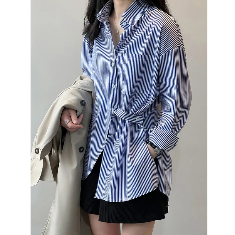 2024 Women Korean Fashion Striped Asymmetrical Split Shirts Office Lady Elegant Chic Casual Tunic Blouse Loose Long Sleeve Tops