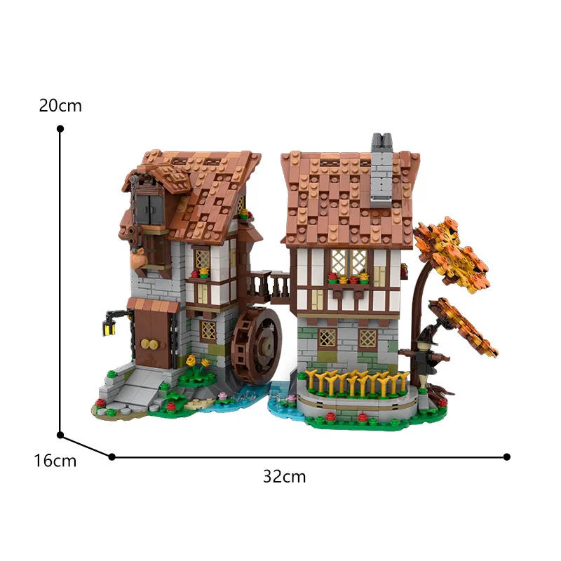 MOC- 119708   Medieval watermill arquitetura casa cabana blocos de construção kit smithy taverna castelo modelo diy crianças quebra-cabeça brinquedos presente