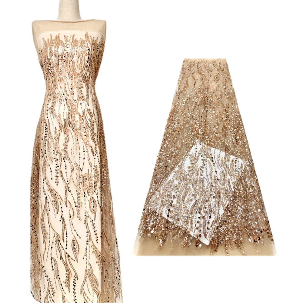 

2025 African Heavy beaded lace Fabric Nigerian embroidered sequins French tulle Fabric Sewn Dame gown wedding party dress