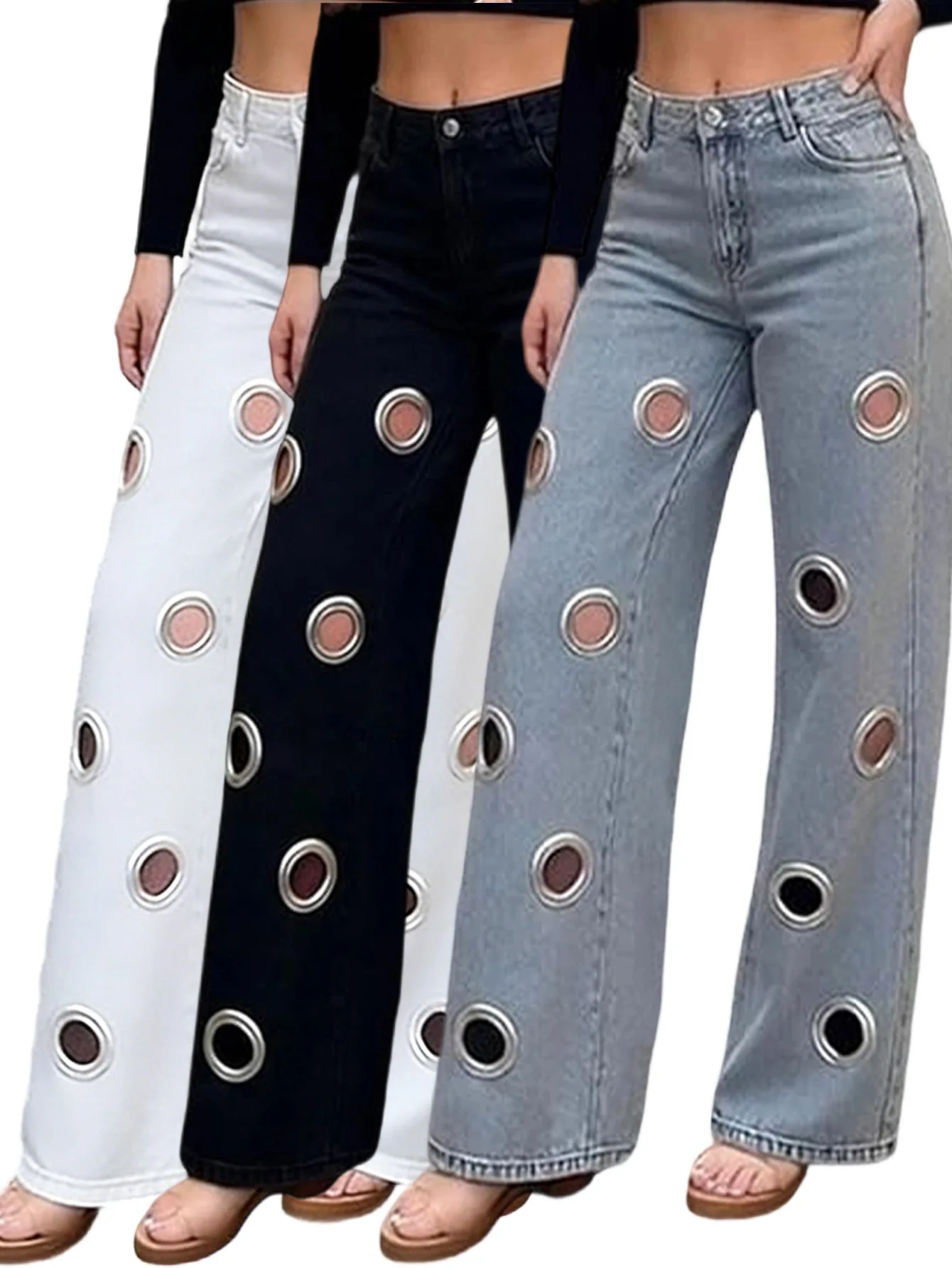 D8771  Vintage Holes Jeans Pants Sexy Women High Waist Elegant Night Club Denim Straight Trousers