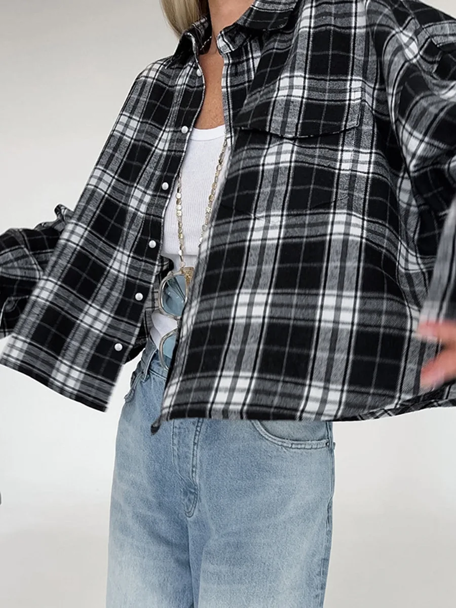 

Весенняя женская рубашка в американском стиле 2026 года, черно-белая в клетку, повседневная свободная блузка-топ