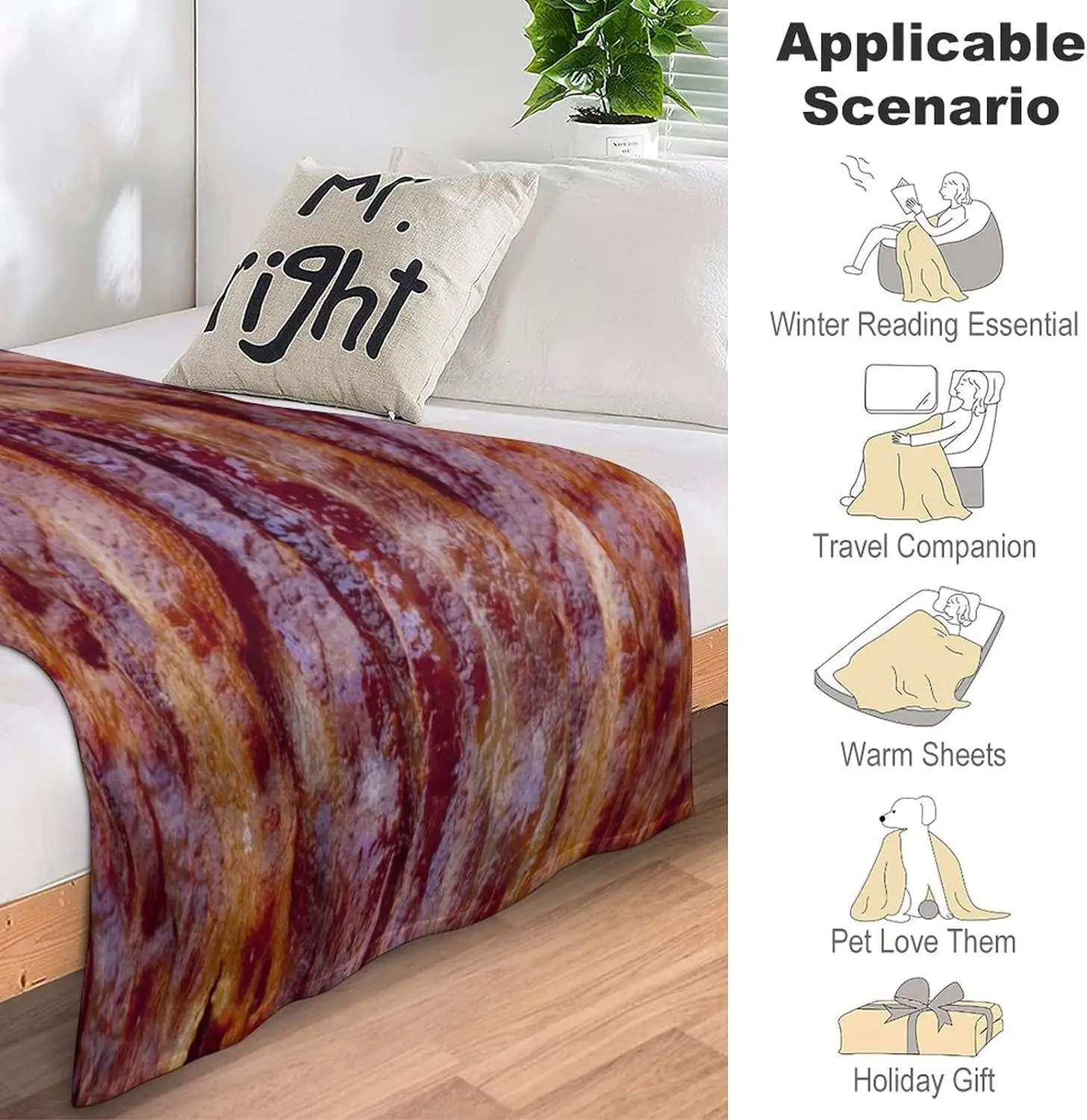 3D Funny Realistic Food Fried Bacon Flannel Fleece Throw Blankets Soft Cozy Fluffy Blanket Cozy Home Decor Living Room Bedroom