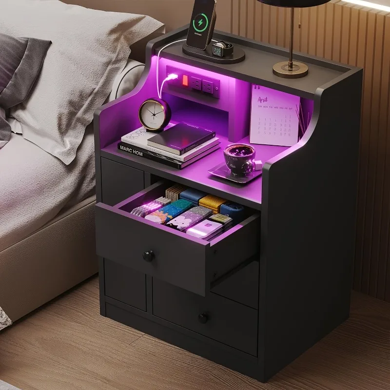 

Modern 3-Drawer Nightstand Bedside Table - With Hutch, LED Lights, End Table Design, and Black Finish for Bedroom