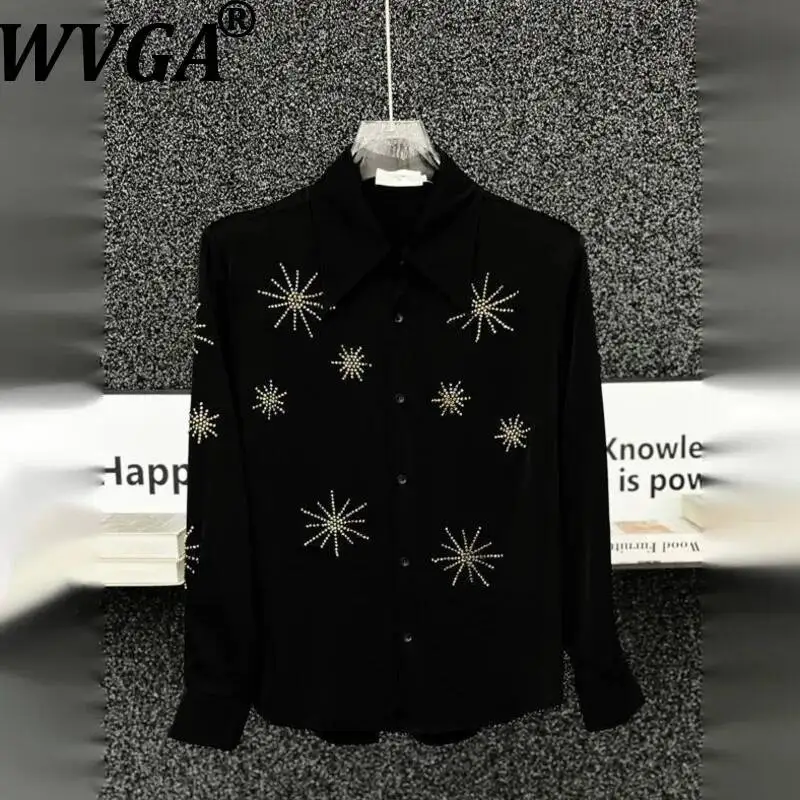 WVGA Summer New Man High-end Satin Diamond-studded Loose-fit Long Sleeve Shirts Niche Chic Casual Dark Shoulder Pads Tops W23624