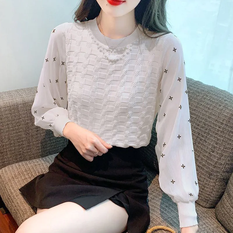 Autumn Winter New Fashion Patchwork Knitting Long Sleeve Sweater Ladies All-match Printing O-neck Chiffon Top Tee Women Clothes